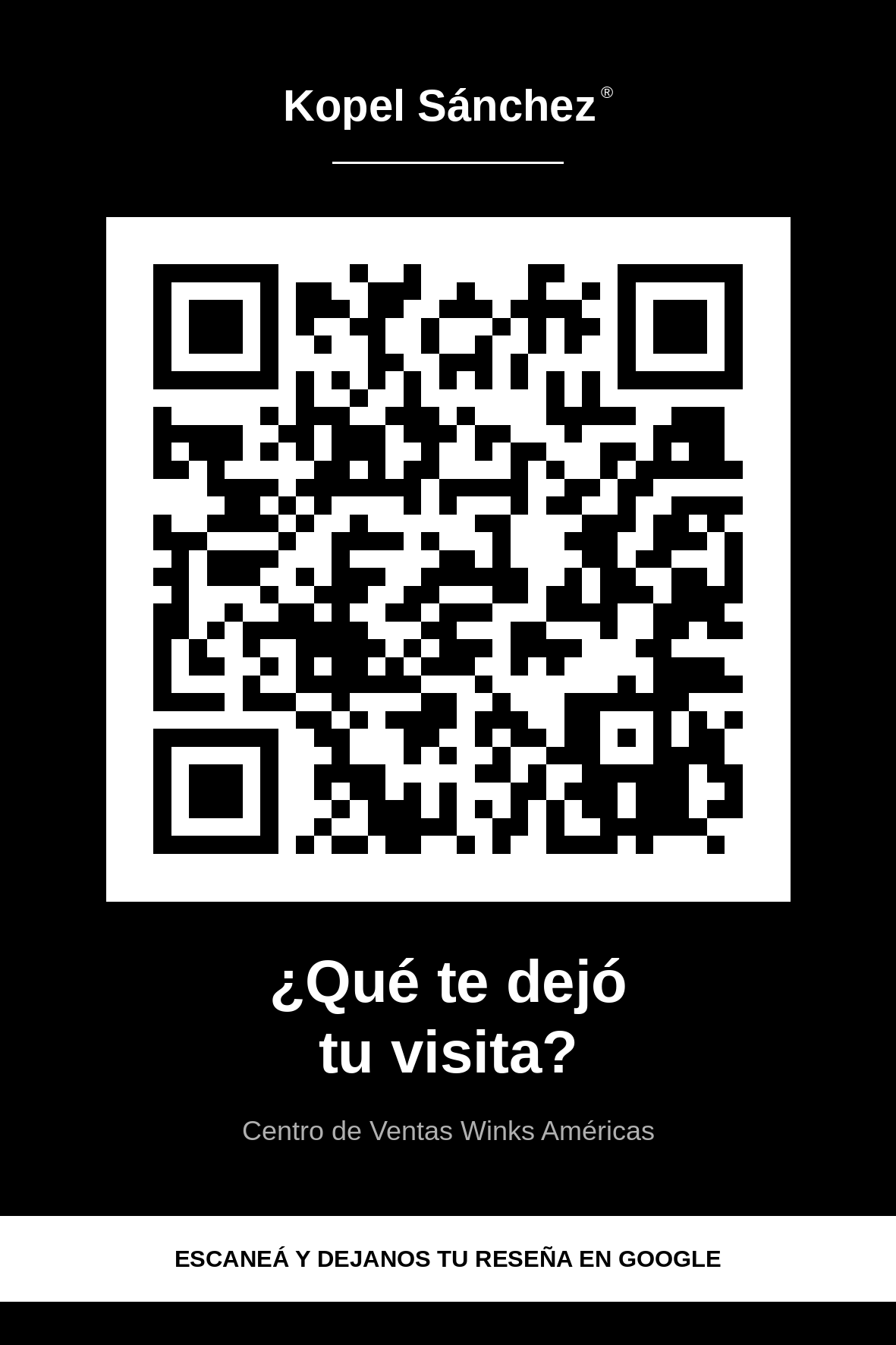 Tarjeta con el c&oacute;digo QR de Centro de Ventas Winks Américas